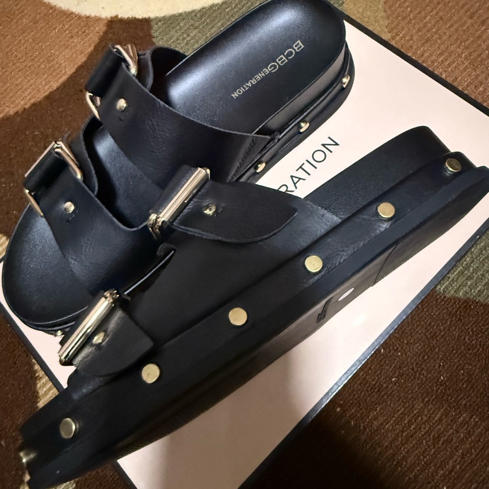 BCBGeneration Black Sandals with Gold Buckles - Picture 4 of 8